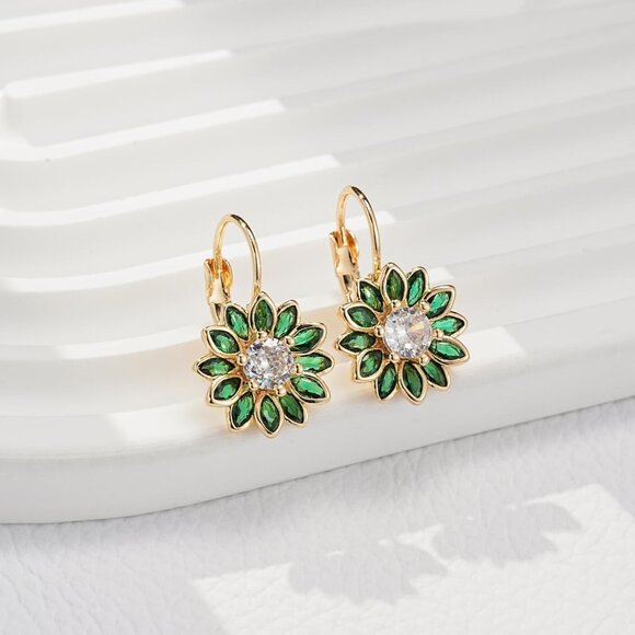 14K Gold Plated Green Main Crystal Flower Drop Leverback Earrings for Women - Picture 5 of 7